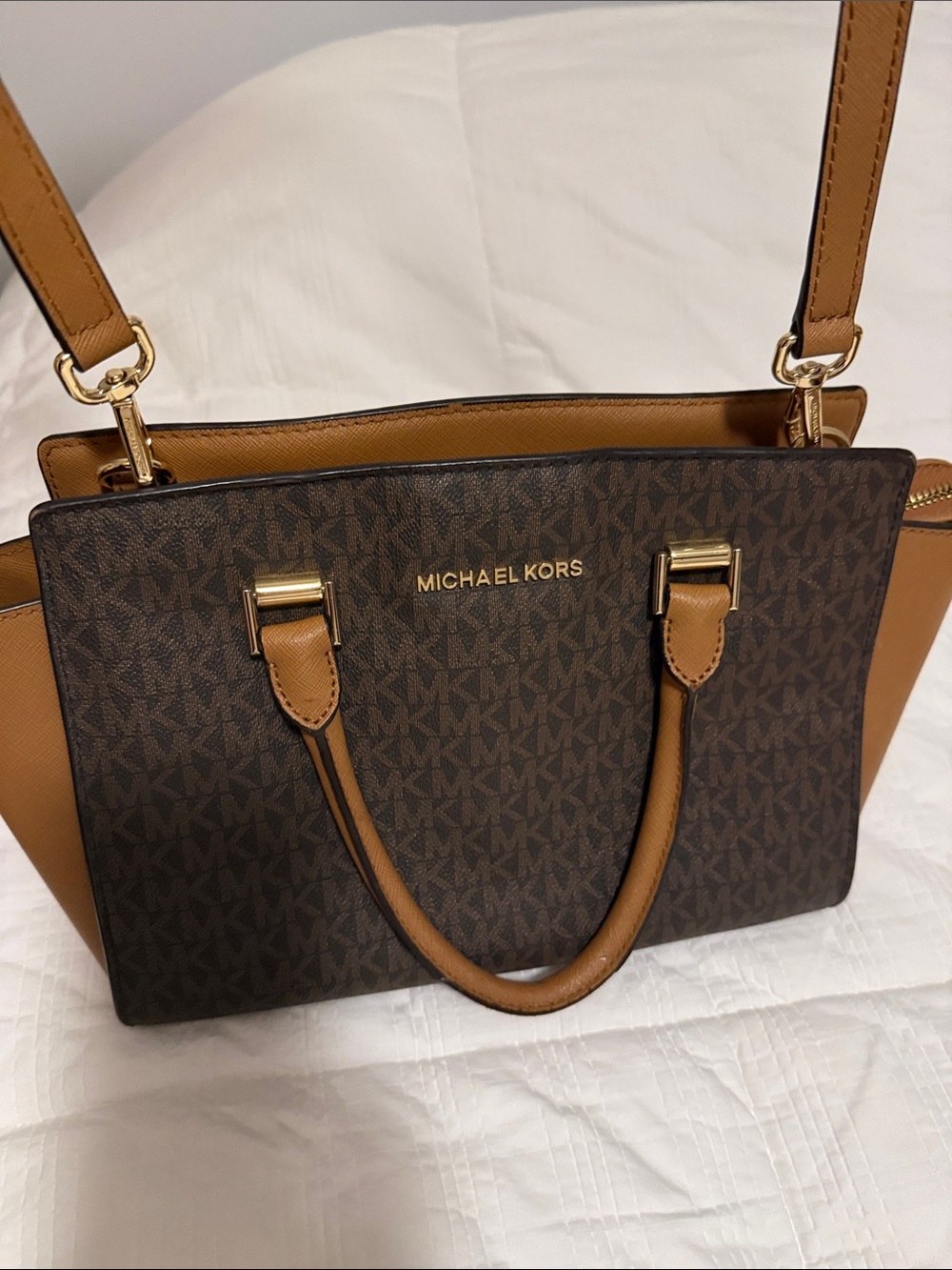 Michael Kors Brown MK Logo Satchel with Tan Trim